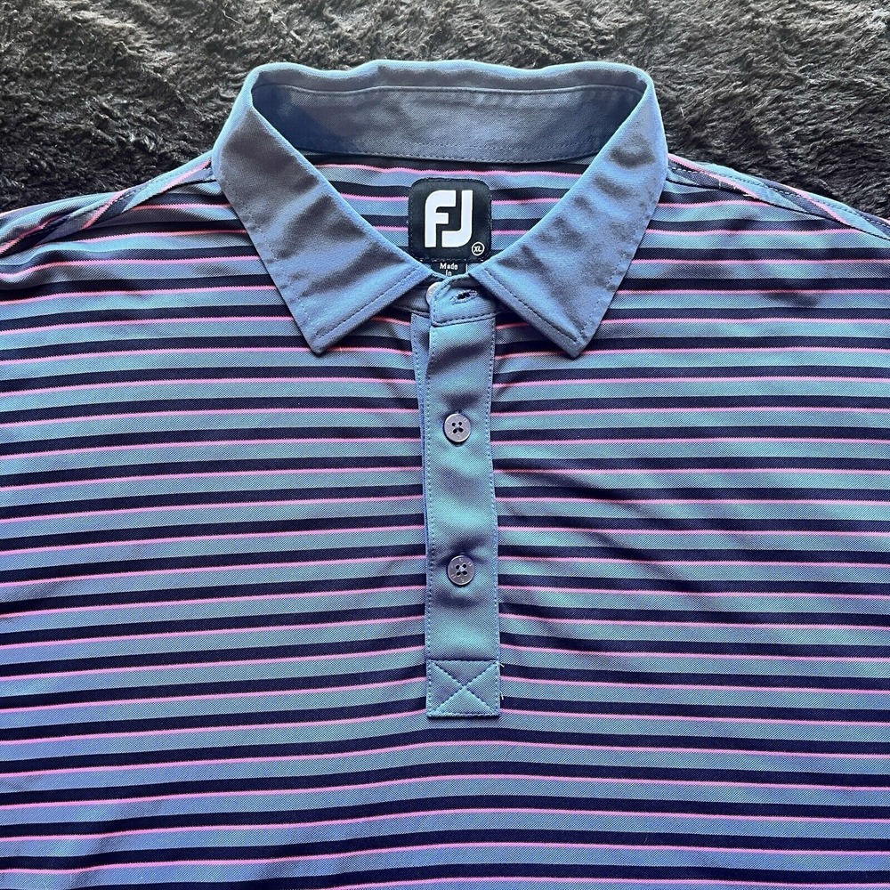 FootJoy Shirt Mens Extra Large Pink Blue Striped Polo Golf Golfer Outdoors Adult